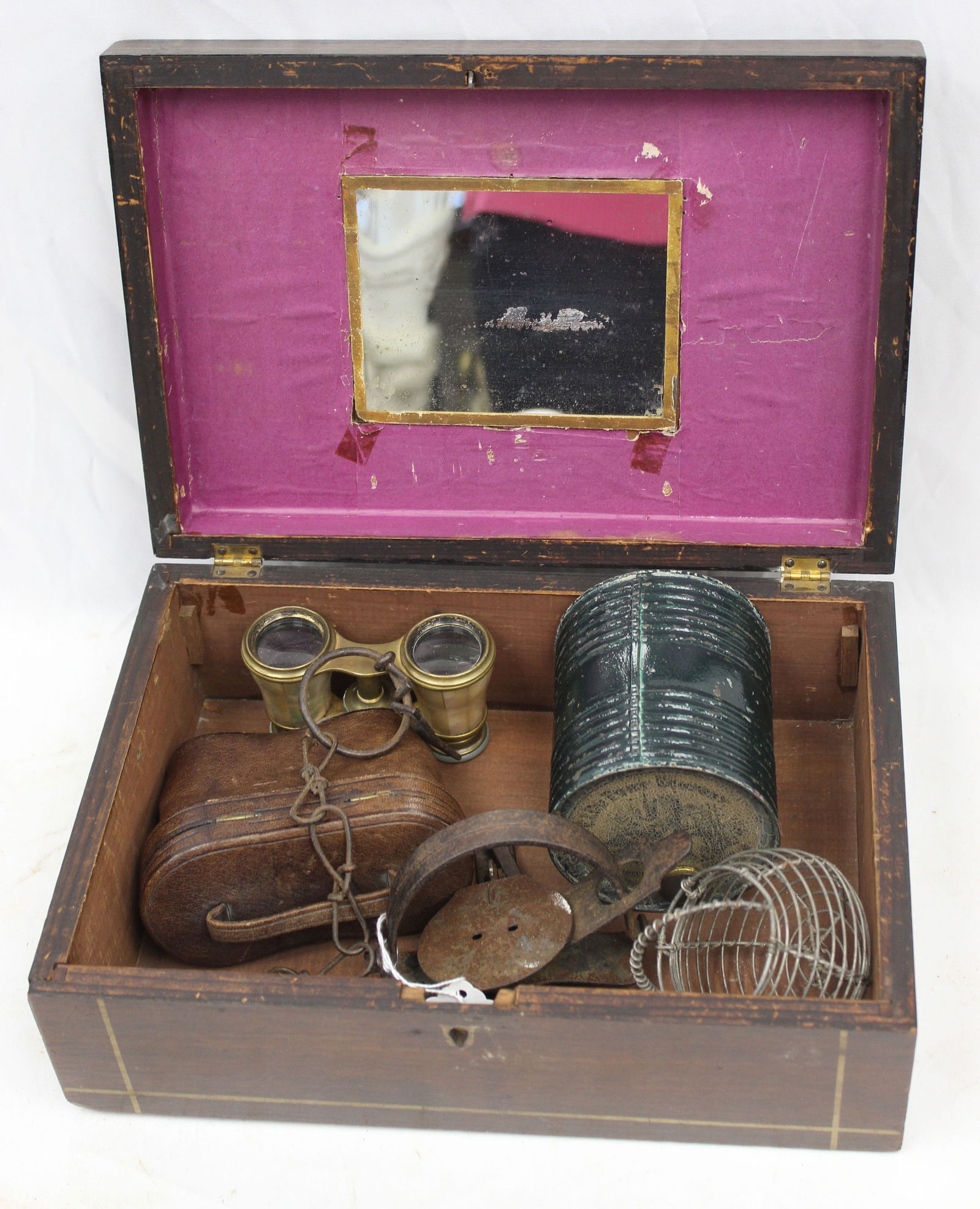 Misc lot in valuables box incl MOP binnoculars, tin & small animal trap (1 of 6)