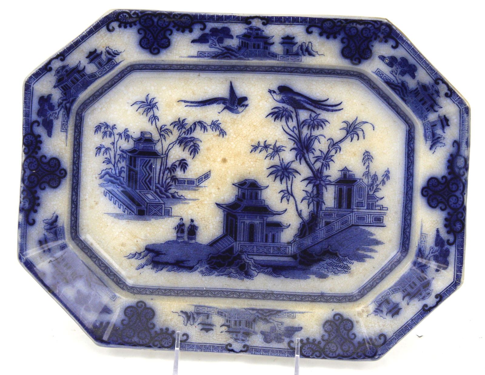 J. Clementson "Chusan" Flow Blue ironstone platter - 13 1/2" x 10 1/4" (1 of 3)