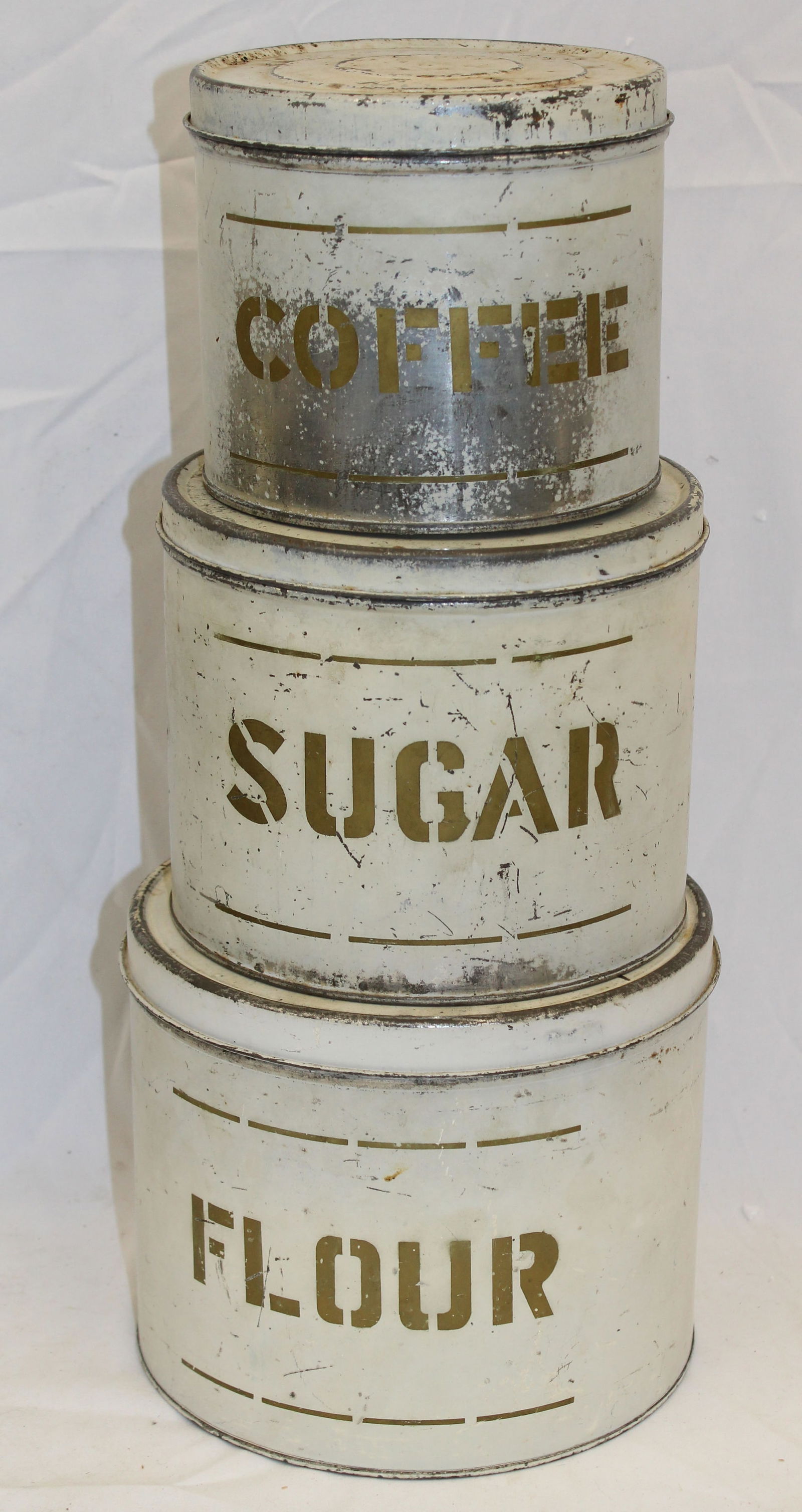 Antique round graduated set of 3 tin cannisters in white - "Coffee", "Sugar" & "Flour" - 6", 7" & 8" (1 of 4)