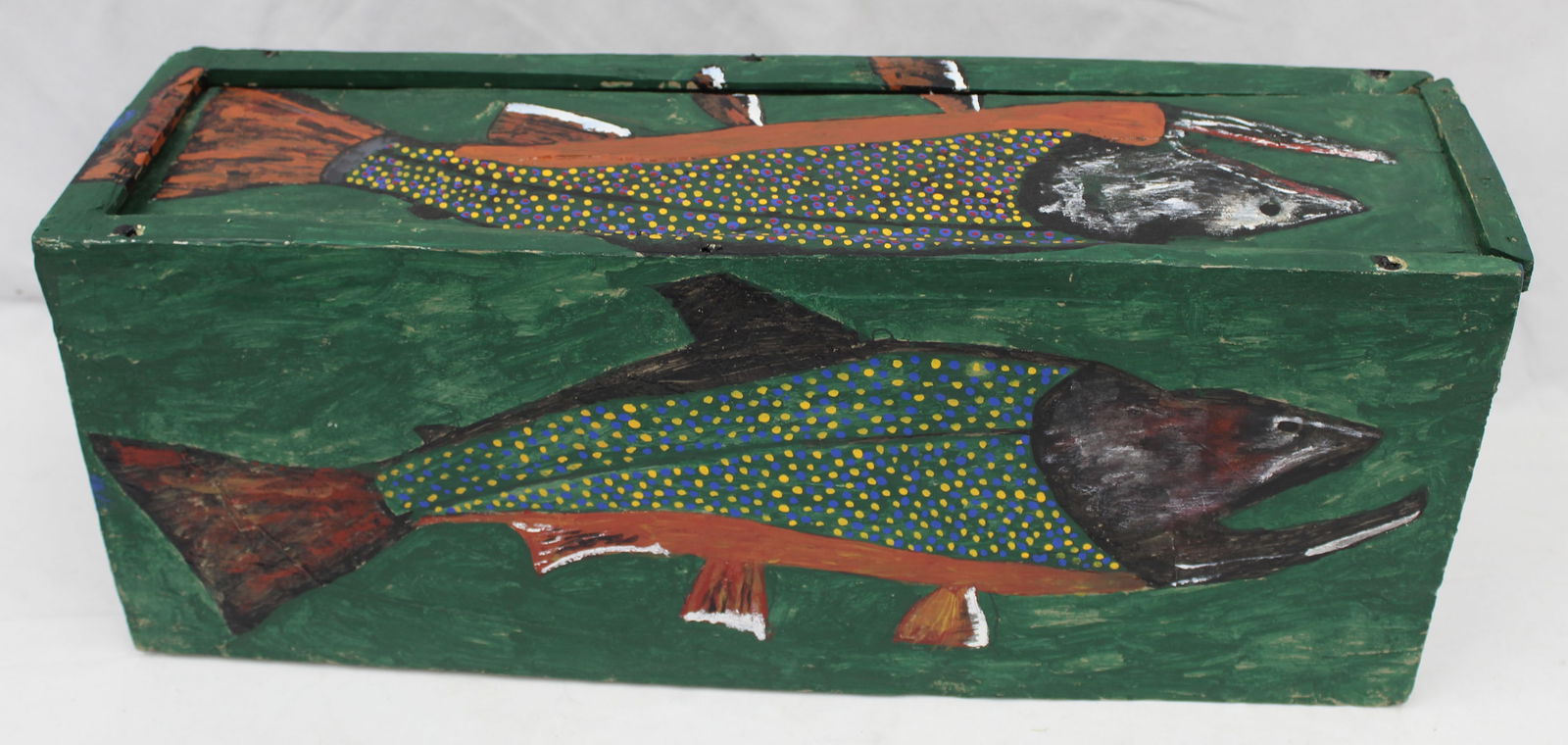 Folky carved wooden & painted fish in paint decorated fitted slide top box - 22" long fish in 24 (1 of 11)