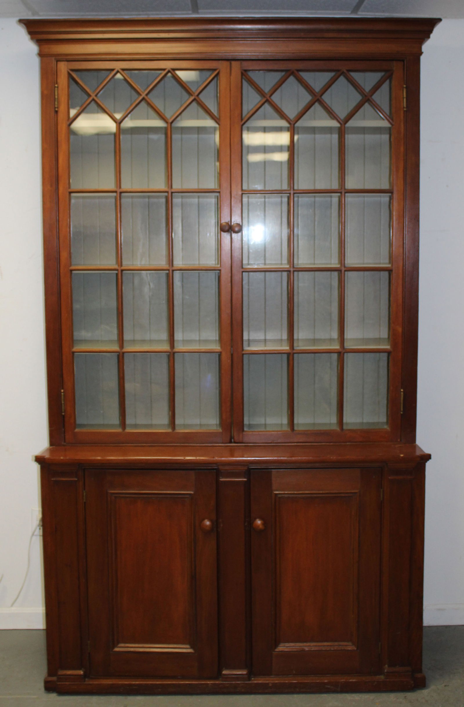 Late 19thC stepback cupboard w glass doors over wooden cupboard doors - 93" tall x 53 1/2" wide x (1 of 7)