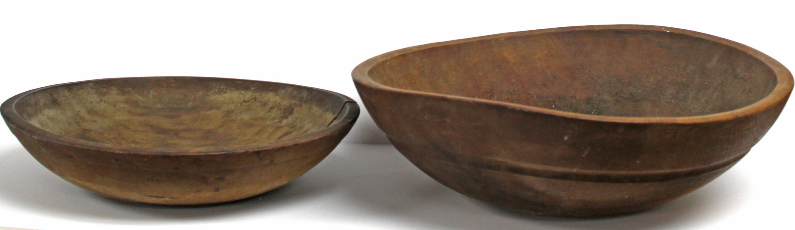 Lot of 2 antique round wooden bowls - 13" & 15 1/2" diam (out of round): Lot of 2 antique round wooden bowls - 13" & 15 1/2" diam (out of round)