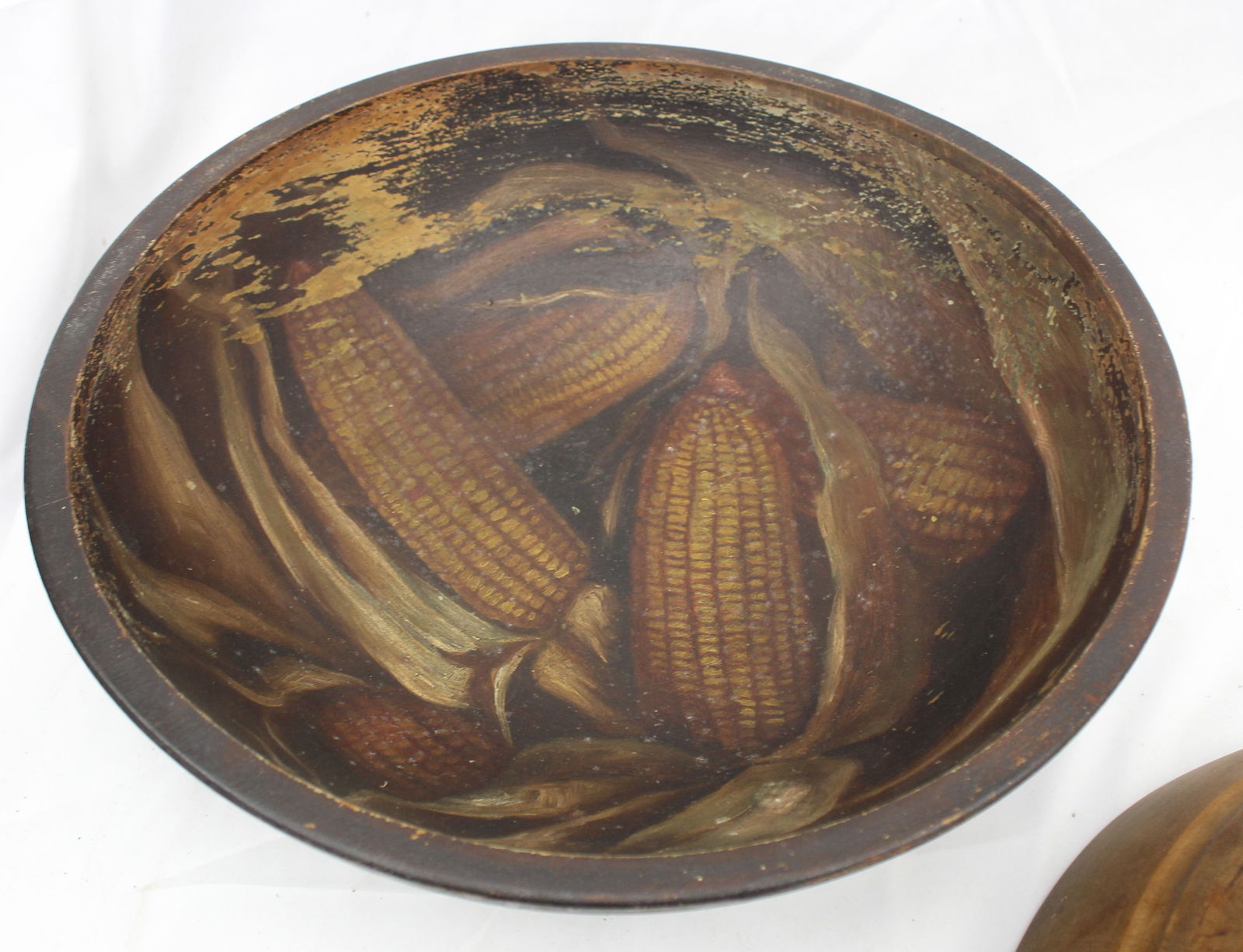 Antique round wooden bowl w green painted exterior & ears of corn paint decorated interior - 15" (1 of 5)