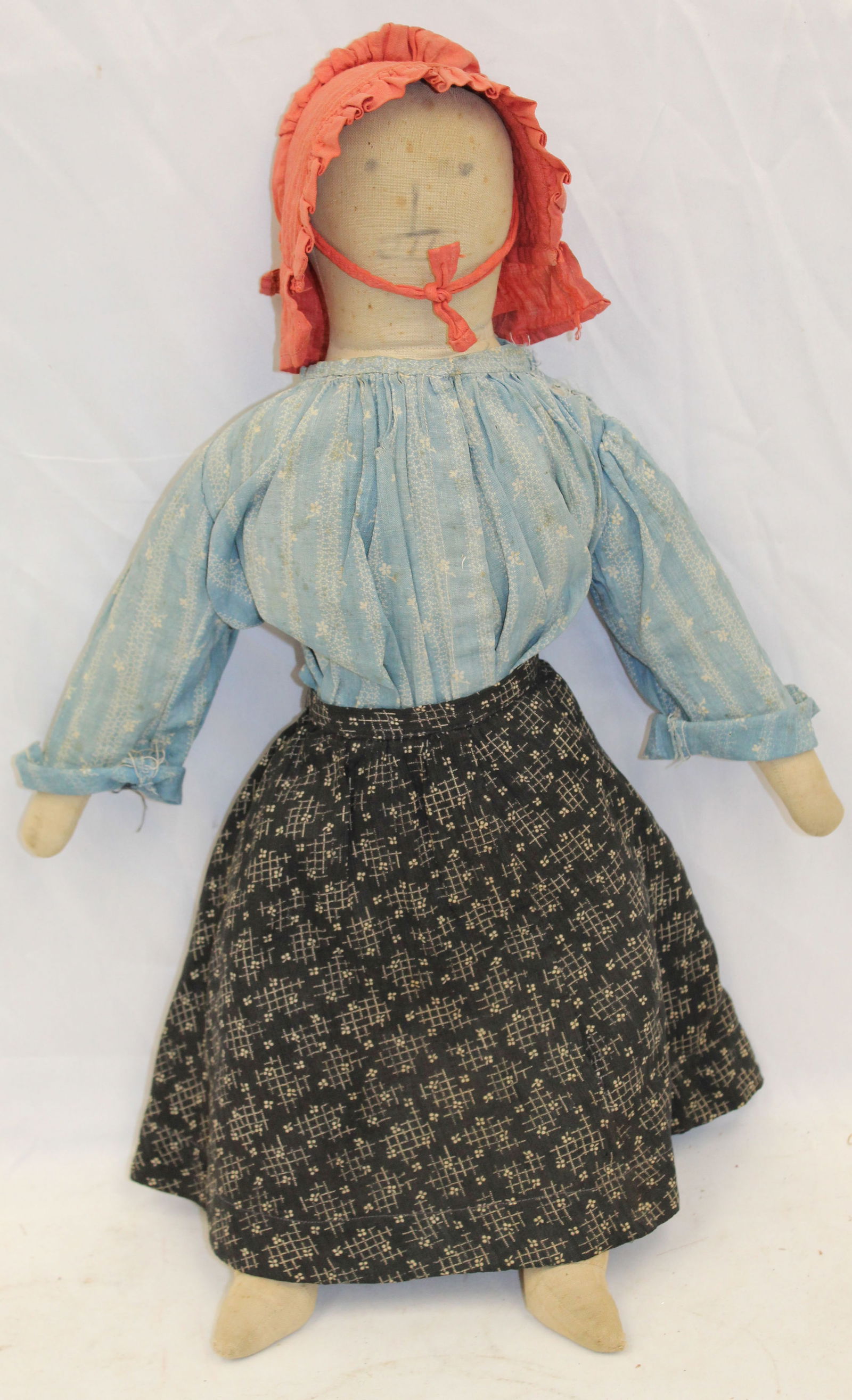 Wonderful late 19thC cloth doll w penciled features & heavily stuffed - 21" tall