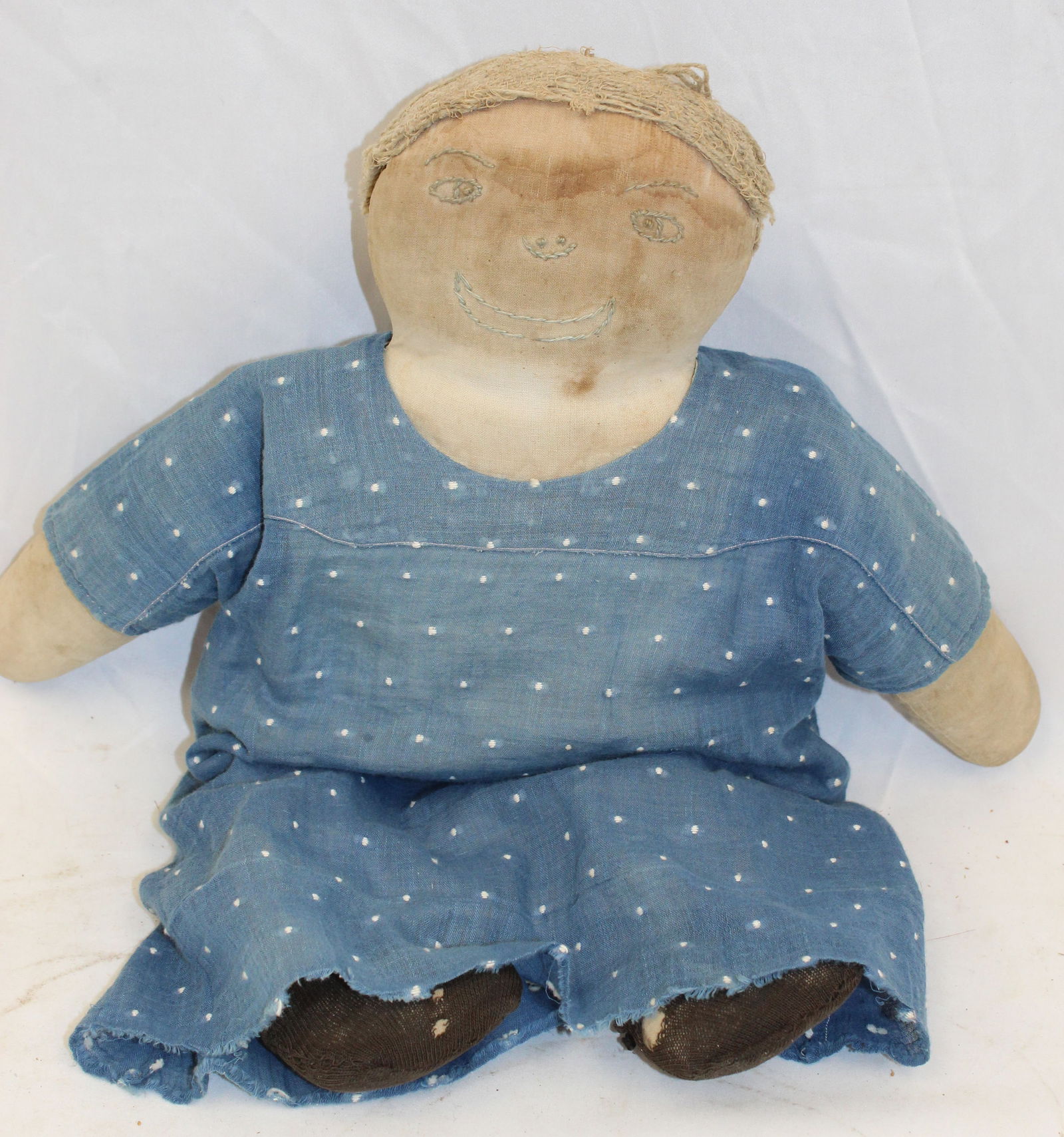 Early 20thC cloth doll w embroidered features, string hair in blue calico polka dotted dress - 17" (1 of 5)