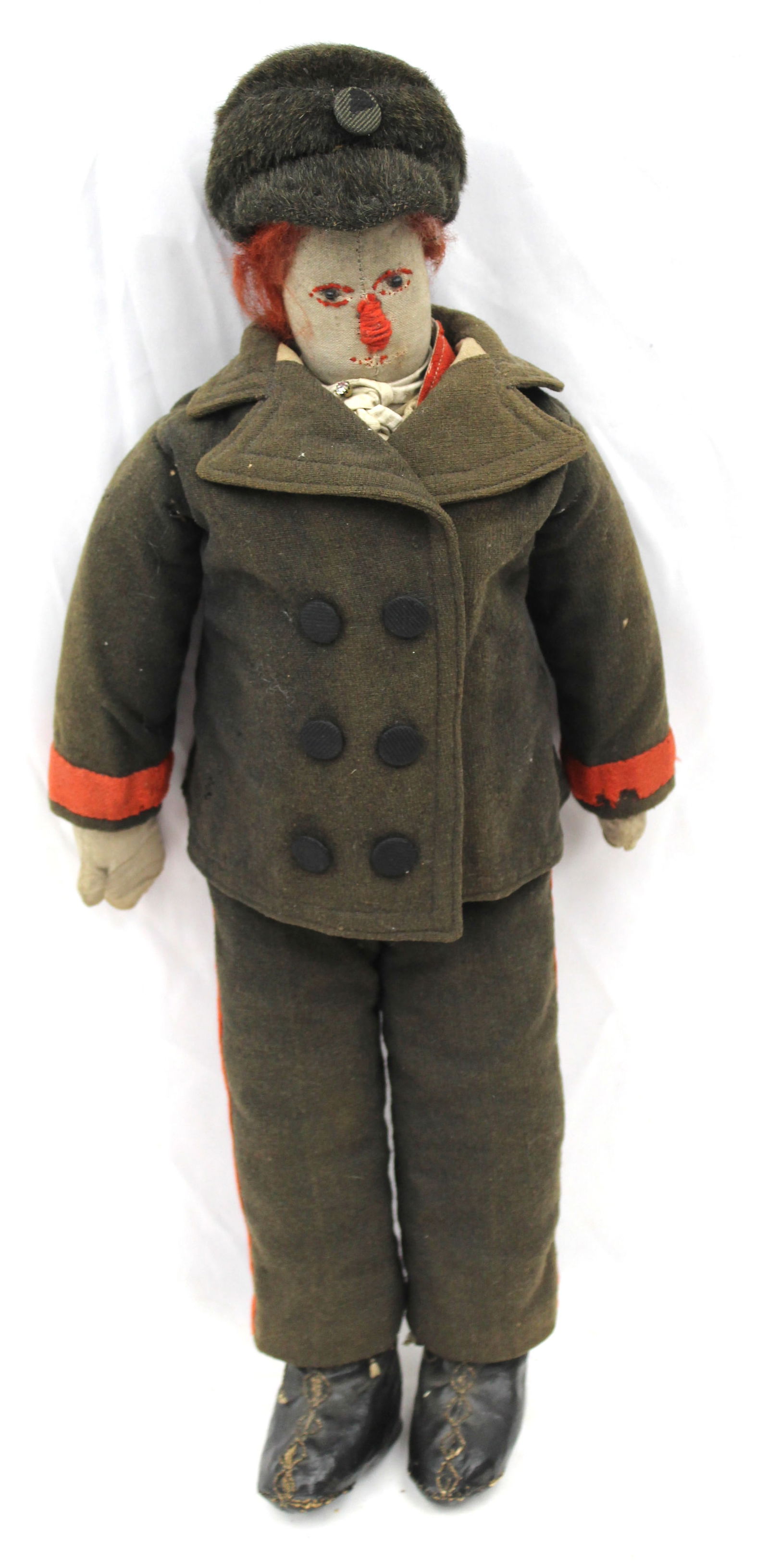 19thC Boy cloth doll in military red trim woolen suit & cap & leather shoes - 18" tall (1 of 5)