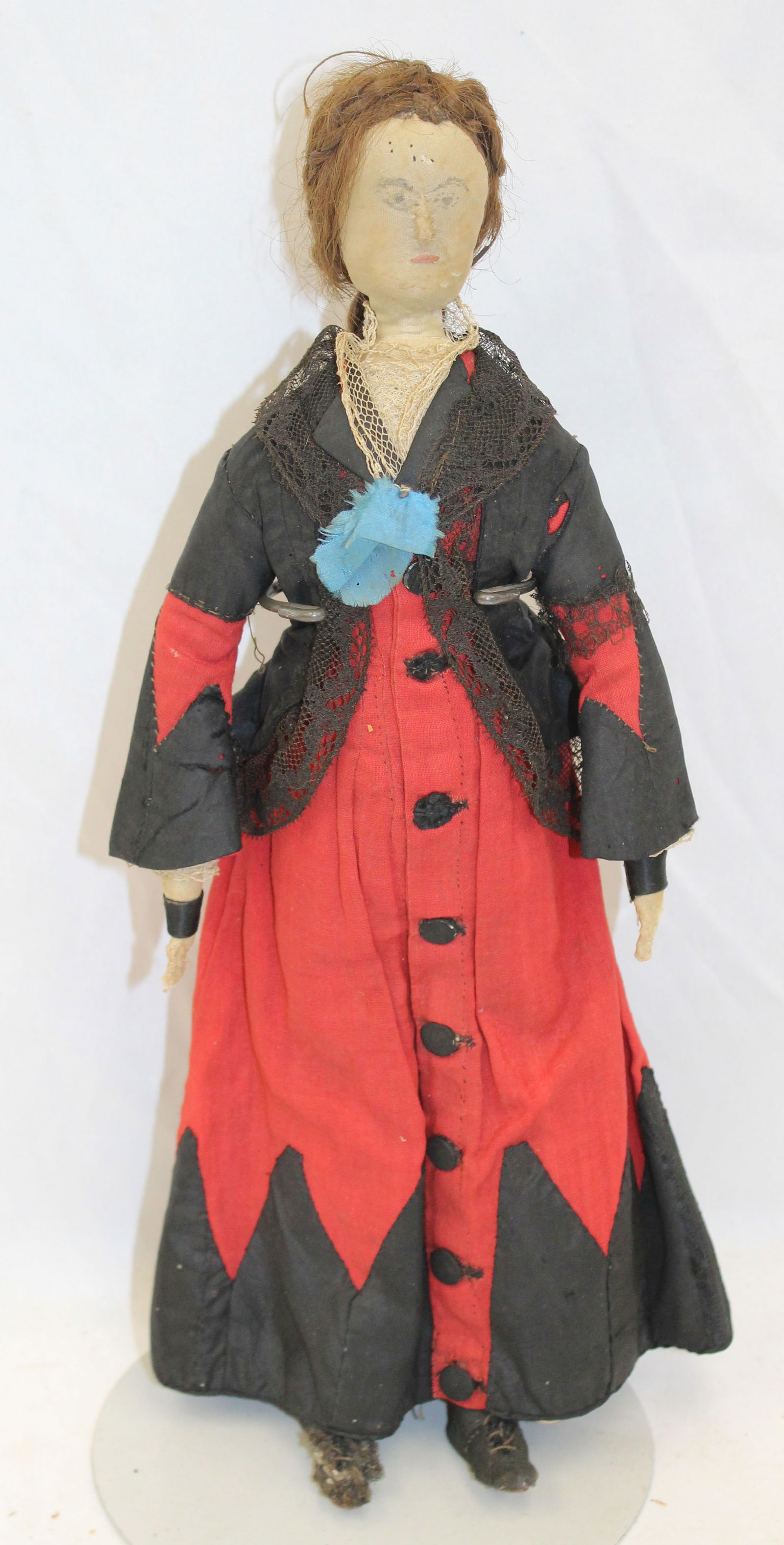 19thC silk doll in orig lace up boots & harlequin outfit w bustle - stitched & water color features (1 of 7)