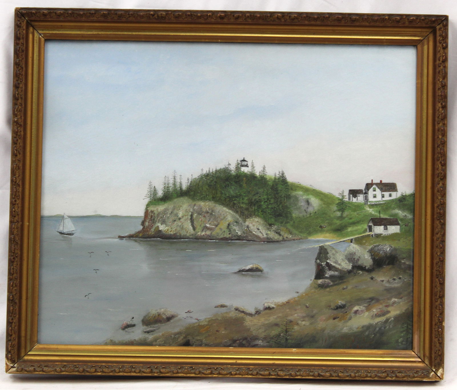Marine scene w/c w lighthouse, home & boathouse w dock - framed and under glass - overall framed (1 of 6)