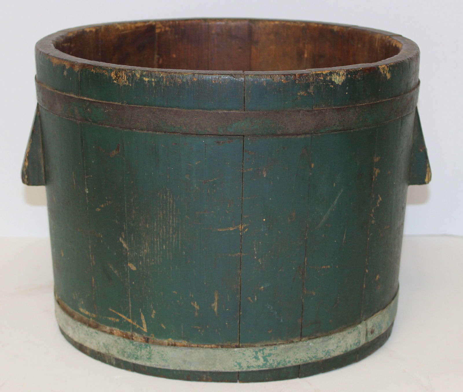Antique wooden measure in green paint & iron bands - 14" diam x 10 3/4" tall: Antique wooden measure in green paint & iron bands - 14" diam x 10 3/4" tall