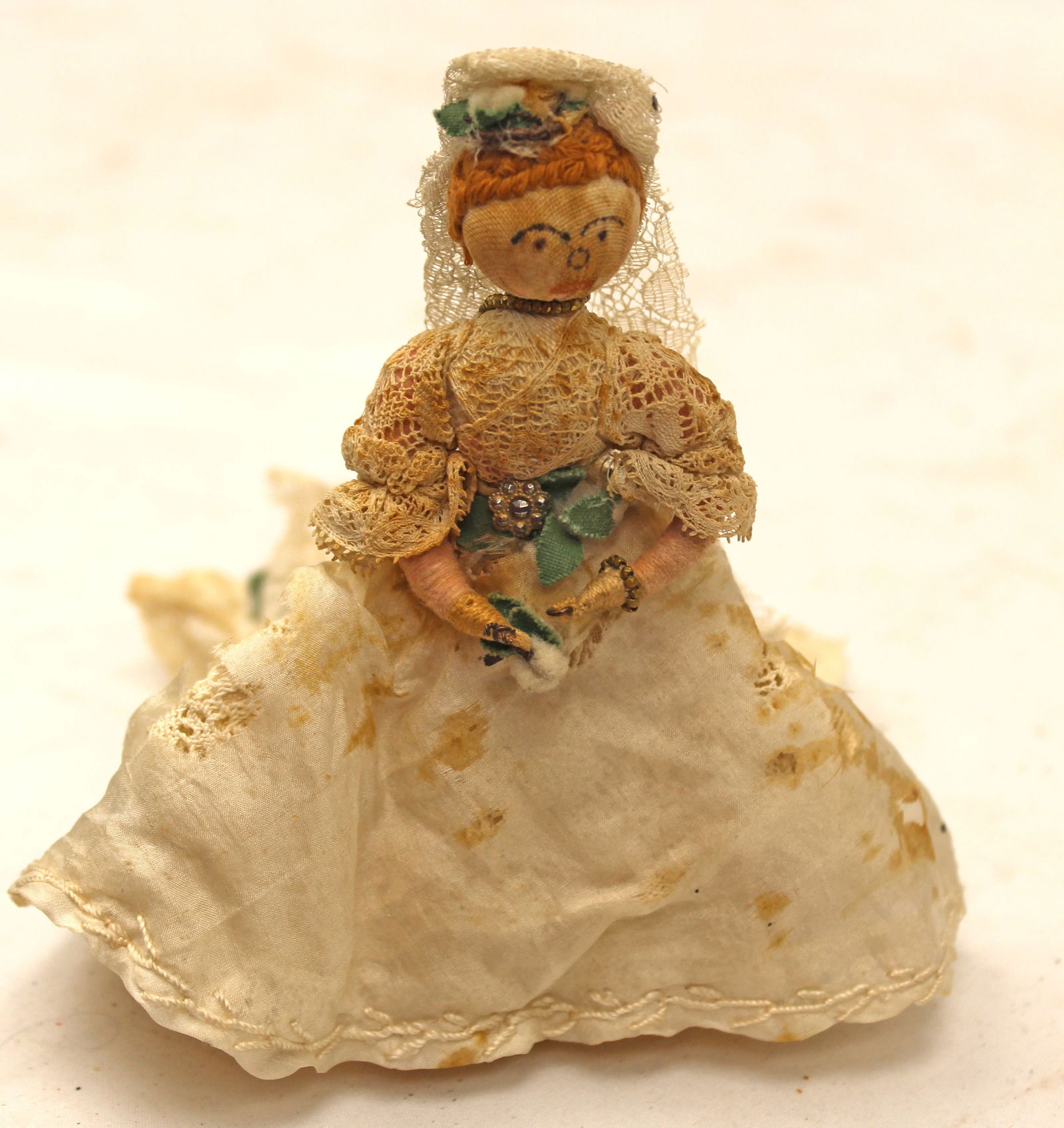 19thC Miniature cloth bride doll w thread wrapped wire limbs in very nice Wedding dress - 5" tall (1 of 4)