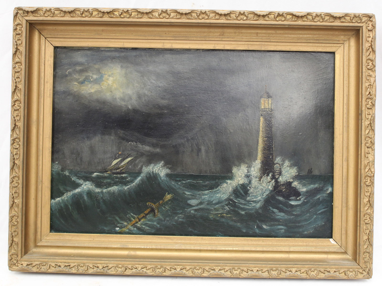 Marine scene o/bd w lighthouse & stormy seas - overall framed size 13 1/4"x18": Marine scene o/bd w lighthouse & stormy seas - overall framed size 13 1/4"x18"