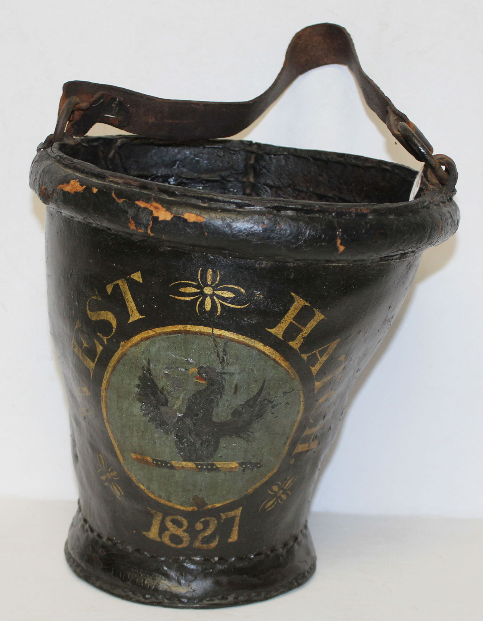 19thC West Hatch British leather fire bucket - one side of handle detached - (1 of 6)