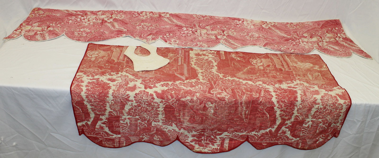 Lot of 2 antique toile valances plus an embroidered "Mildred" bib: Lot of 2 antique toile valances plus an embroidered "Mildred" bibValances..44 1/4" x 24" and 70.5" x 15"