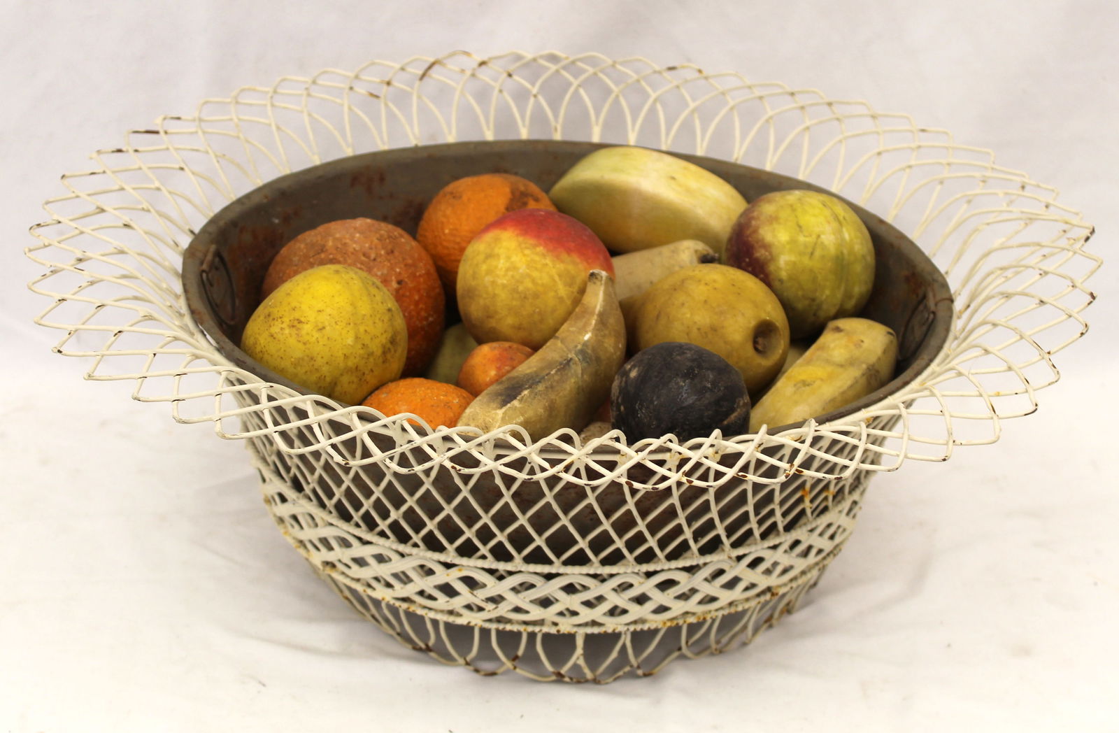 Victorian wire basket filled with stone fruit - 7" tall x 18"x17" oval (1 of 3)