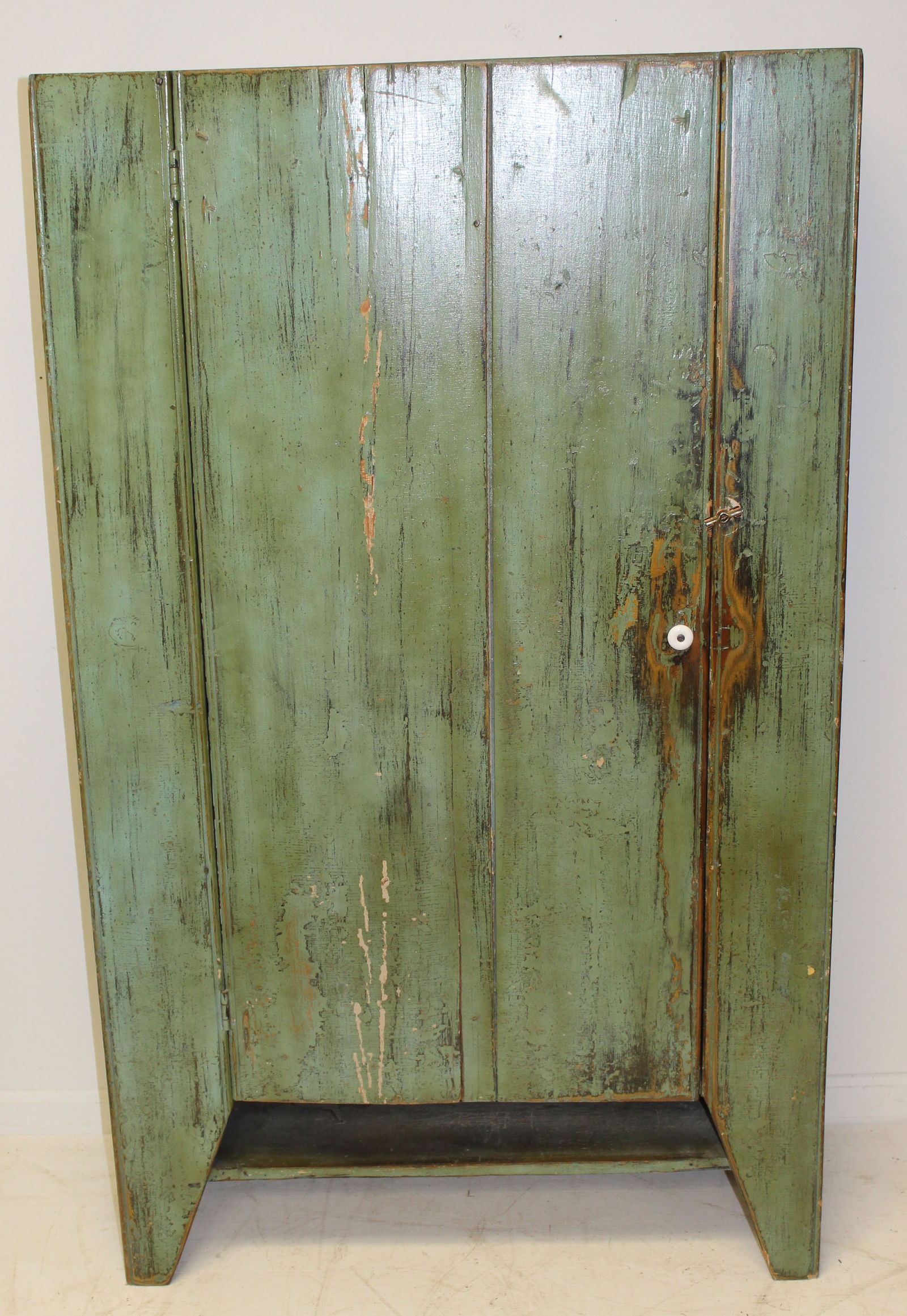 Antique 1 door wall cupboard in green paint w shelf interior - 59" tall x 35" wide x 14 1/2" deep (1 of 6)