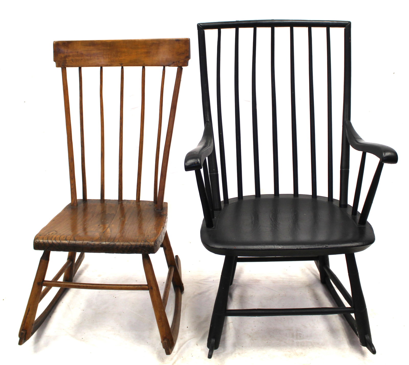 Lot of 2 Windsor rockers incl a birdcage in later black paint: Lot of 2 Windsor rockers incl a birdcage in later black paint