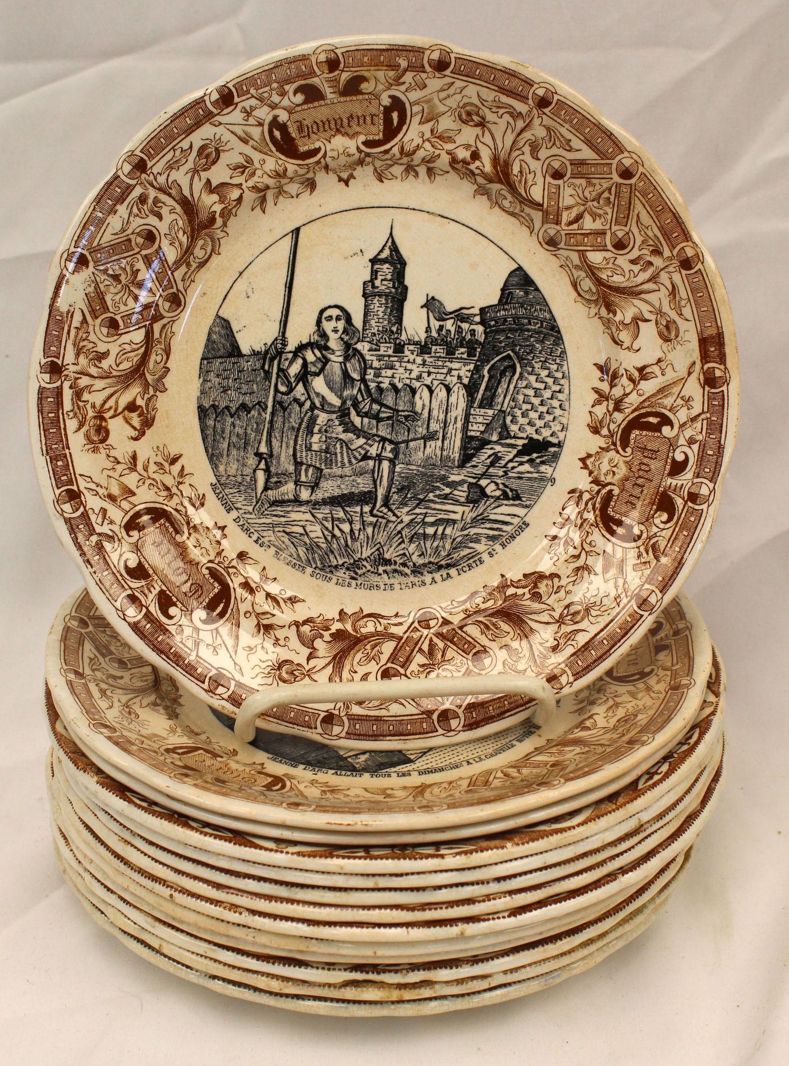Lot of 13 antique French Jeanne D'Arc brown transferware plates (1 of 16)