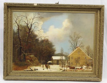 19thC folk art o/c winter scene of a homestead w figures, animals & horse drawn sled - overall