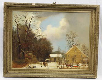 19thC folk art o/c winter scene of a homestead w figures, animals & horse drawn sled - overall
