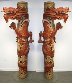 Impressive carved wood & painted dragons - 7'4" tall