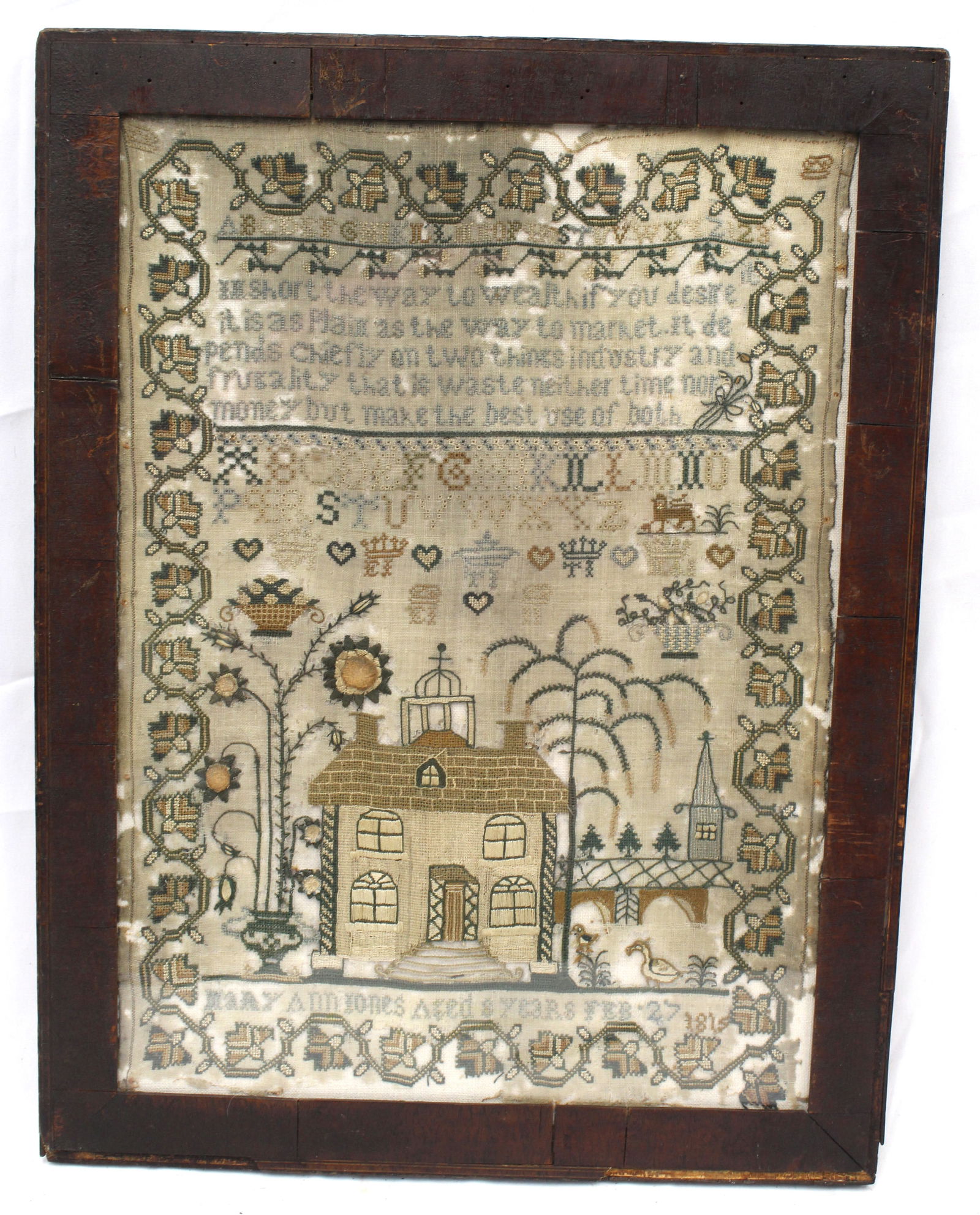 Early 19thC sampler Mary Ann Jones Aged 8 years old Feb 17 1819 - 20"x15 1/2" (1 of 6)