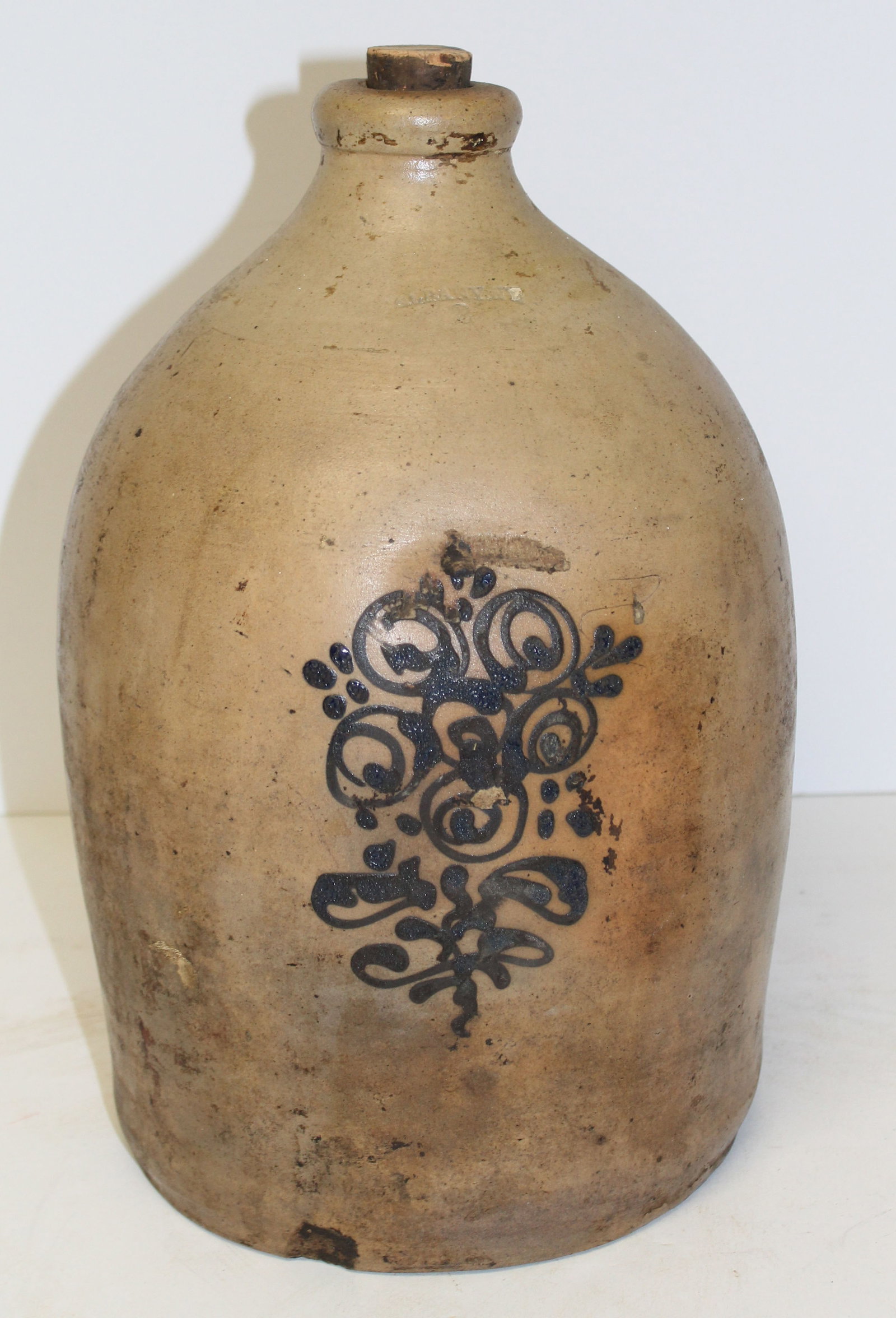 Albany, NY Stoneware 2 gal jug w cobalt floral dec - 14" tall: Albany, NY Stoneware 2 gal jug w cobalt floral dec - 14" tall