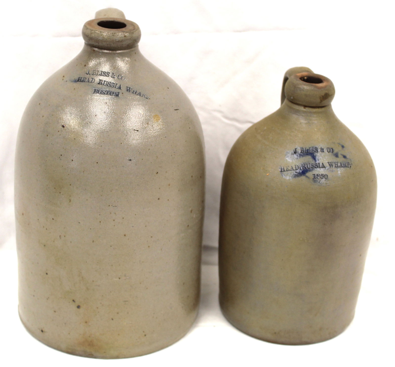 Lot of 2 J. Bliss & Co Head Russia Wharf stoneware jugs - 9 1/2" & 12" tall: Lot of 2 J. Bliss & Co Head Russia Wharf stoneware jugs - 9 1/2" & 12" tall