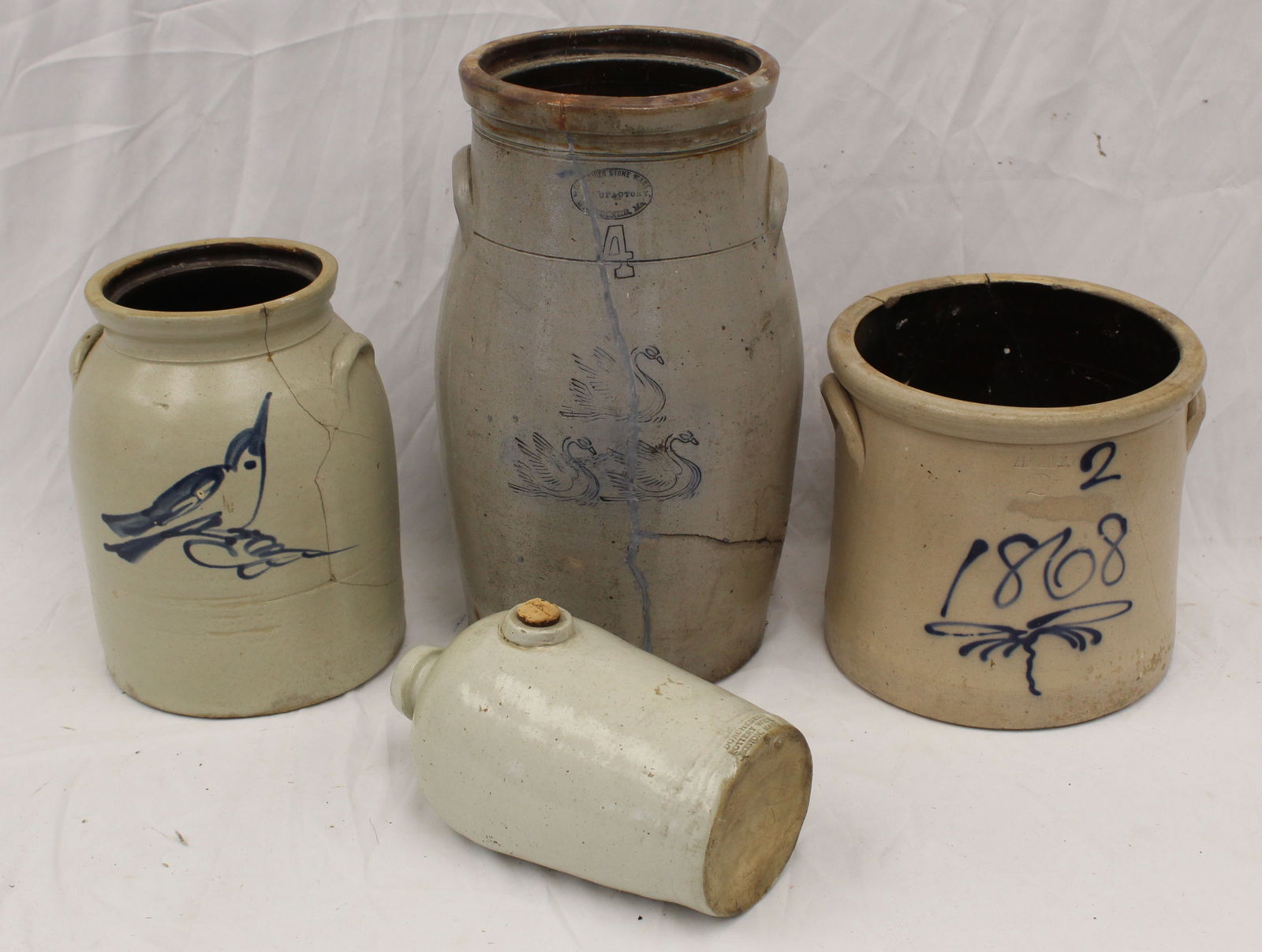 Lot of 4 stoneware items - 2 gal crock, jar w cobalt bird dec, 4 gal butter churn 17" tall & (1 of 7)