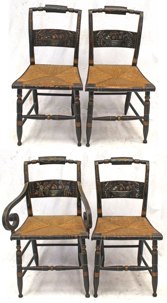 Set of 4 antique Hitchcock style chairs w basket of fruit paint dec: Set of 4 antique Hitchcock style chairs w basket of fruit paint dec