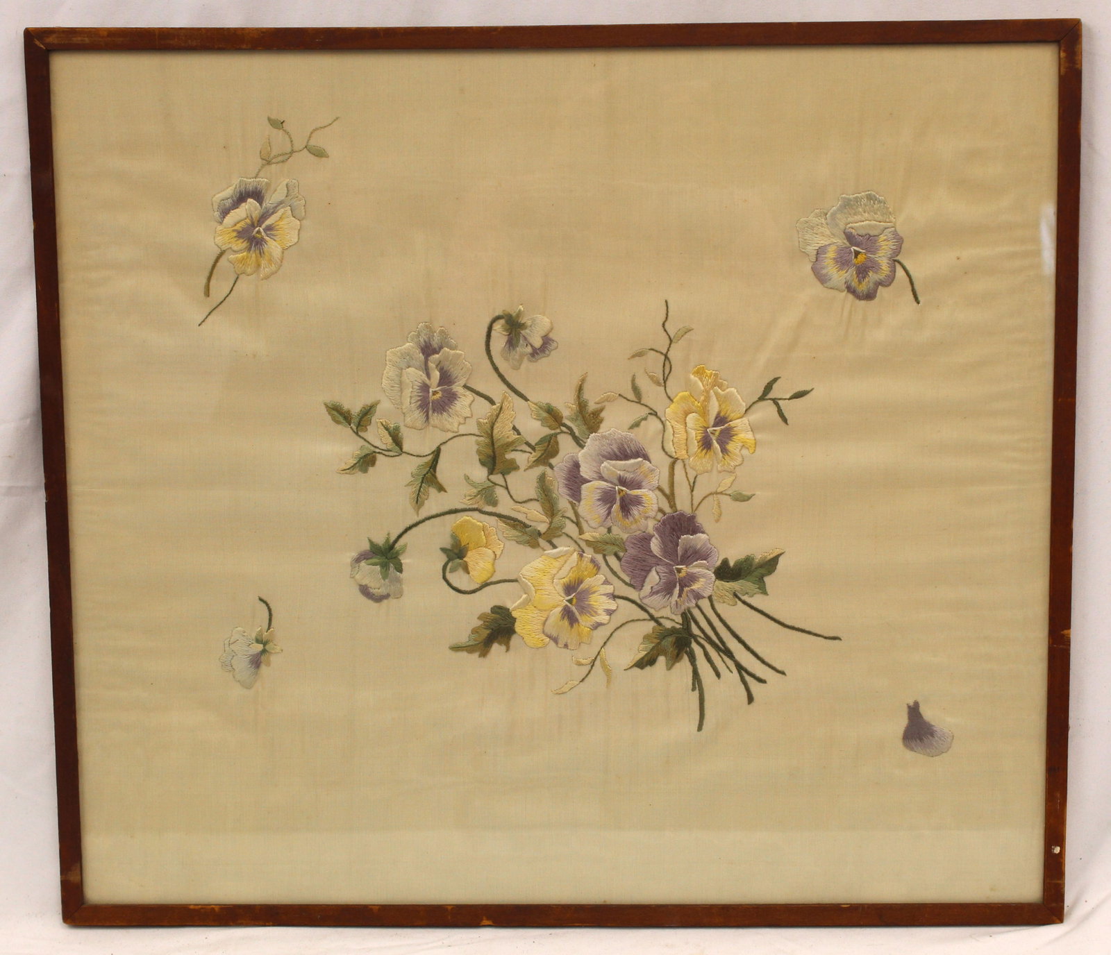 Antique silk embroidery of pansies - overall framed size 22 1/4"x19 1/2": Antique silk embroidery of pansies - overall framed size 22 1/4"x19 1/2"