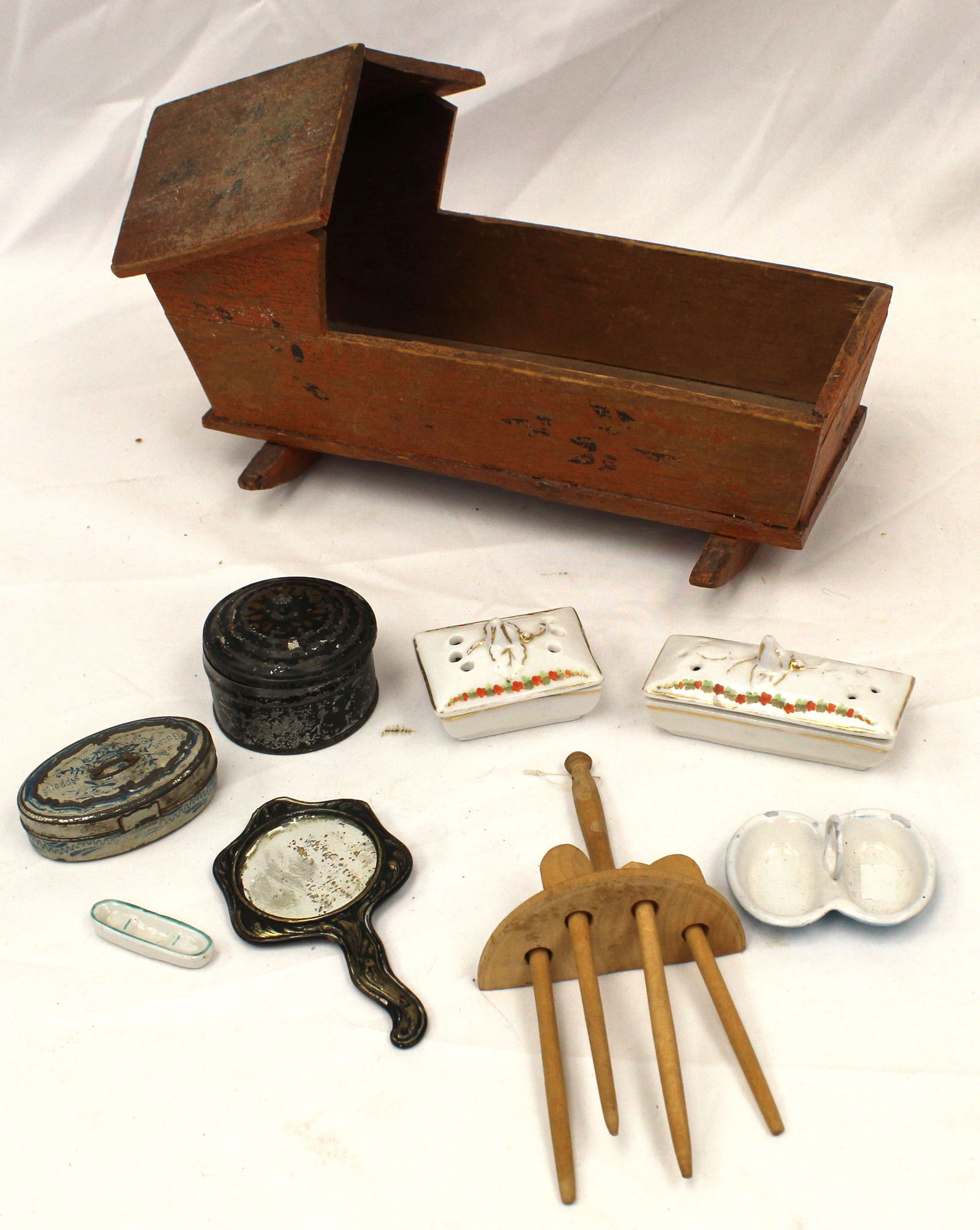 Antique doll accessories lot incl cradle, mirror, hanging wooden spoon rack, etc - 6 1/2"x10 1/2"x5 (1 of 5)