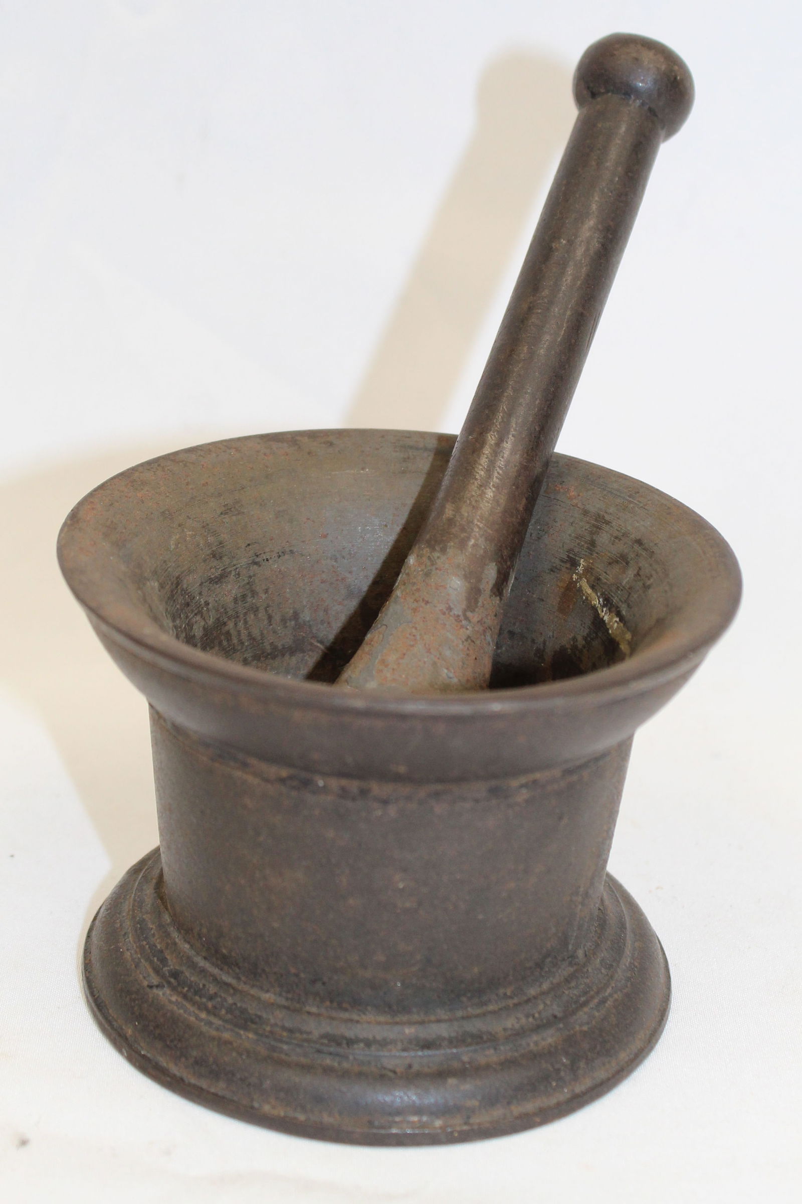 Antique diminutive cast iron mortar & pestle - mortar signed A.K. & Sons 1/4 pint - 2 3/4" x 3 1/2" (1 of 6)
