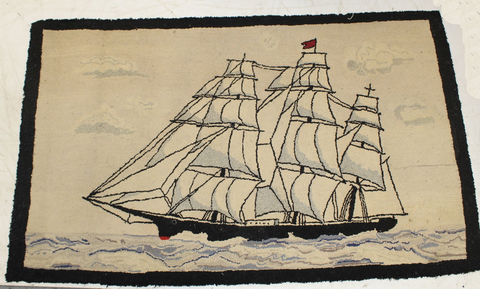 Antique hooked rug of a clippership - 27"x44": Antique hooked rug of a clippership - 27"x44"