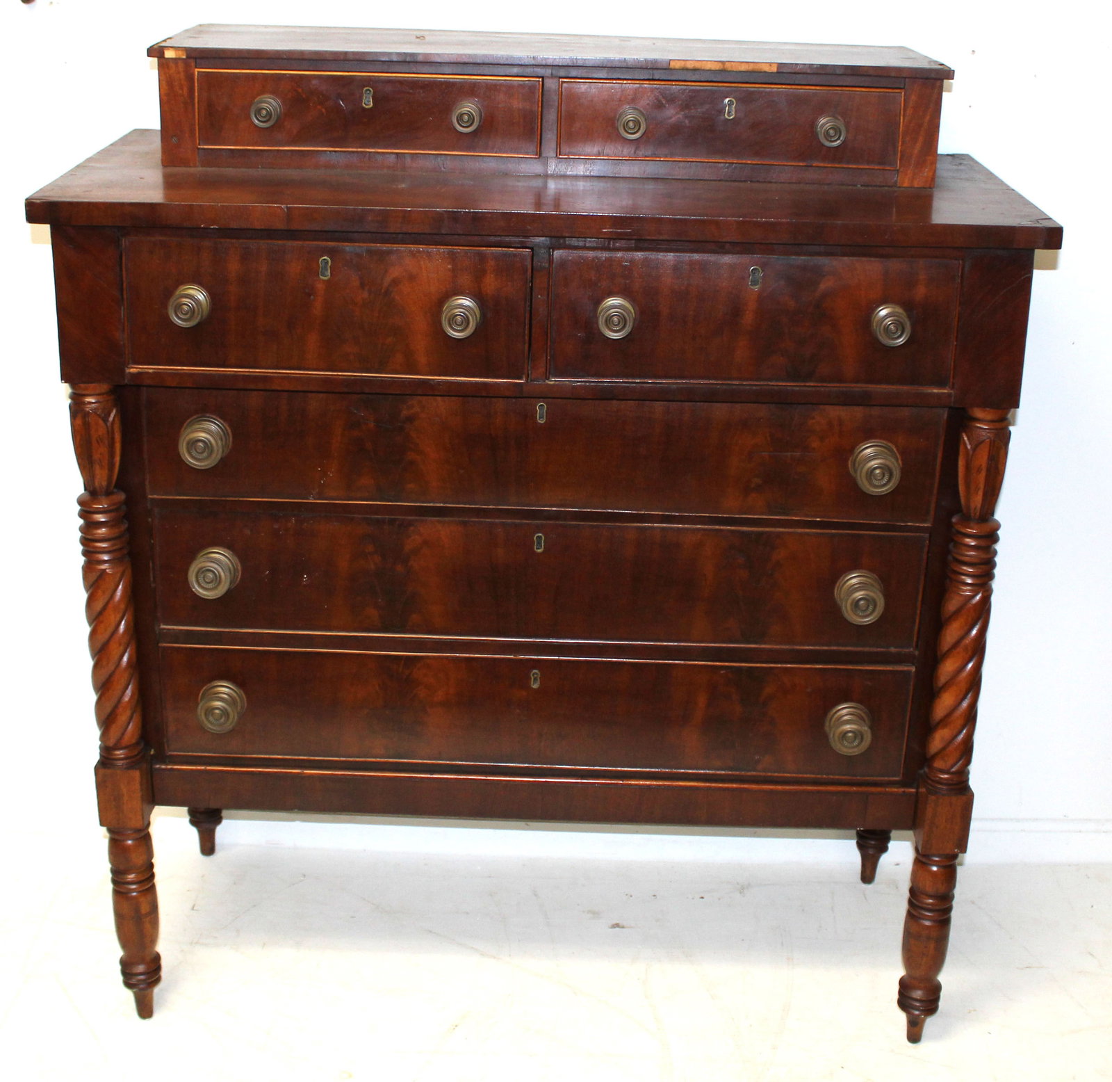 Empire/Sheraton transitional mahogany dresser with carved swirled columns & 2 drawer gallery - 47": Empire/Sheraton transitional mahogany dresser with carved swirled columns & 2 drawer gallery - 47" tall x 42" wide x 18 3/4" deep
