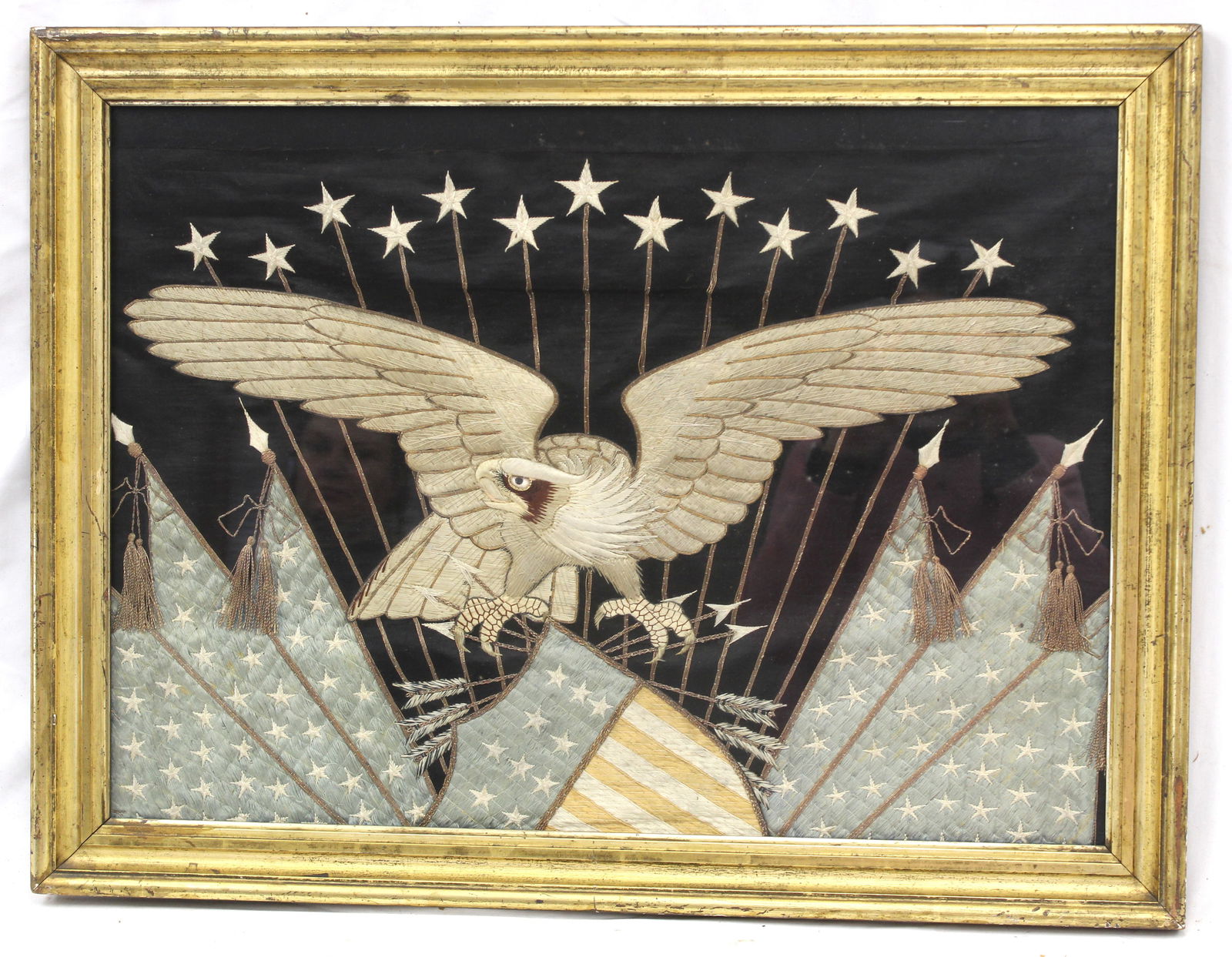 Antique framed silkwork embroidery of an eagle with stars - 22 1/4"x29 1/4" (1 of 8)