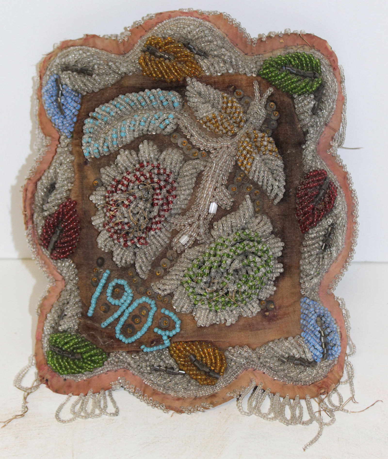 Heavily beaded Iroquois pillow dated 1903 - 11"x9" (1 of 5)