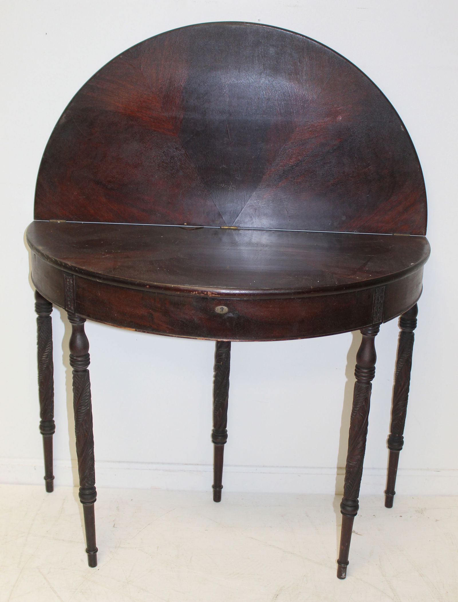 Antique Empire/Sheraton transitional mahog veneer card table w acanthus carved legs - 28" tall x 36" (1 of 7)