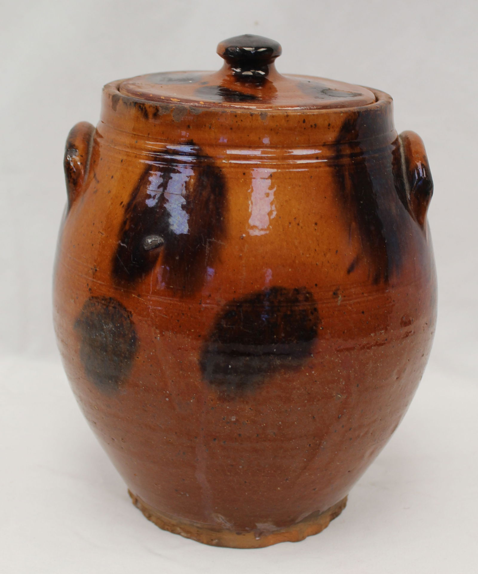 Antique redware jar w lid & mottled slip - 9 1/4" tall (1 of 7)