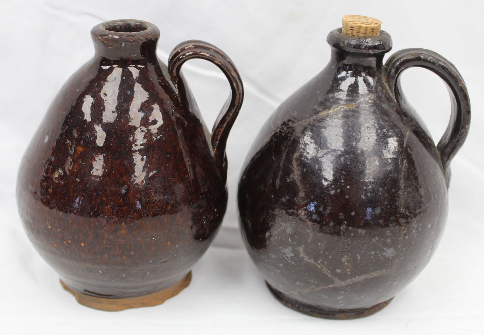 Lot of 2 small antique redware jugs - 7" & 7 1/4" tall (1 of 7)