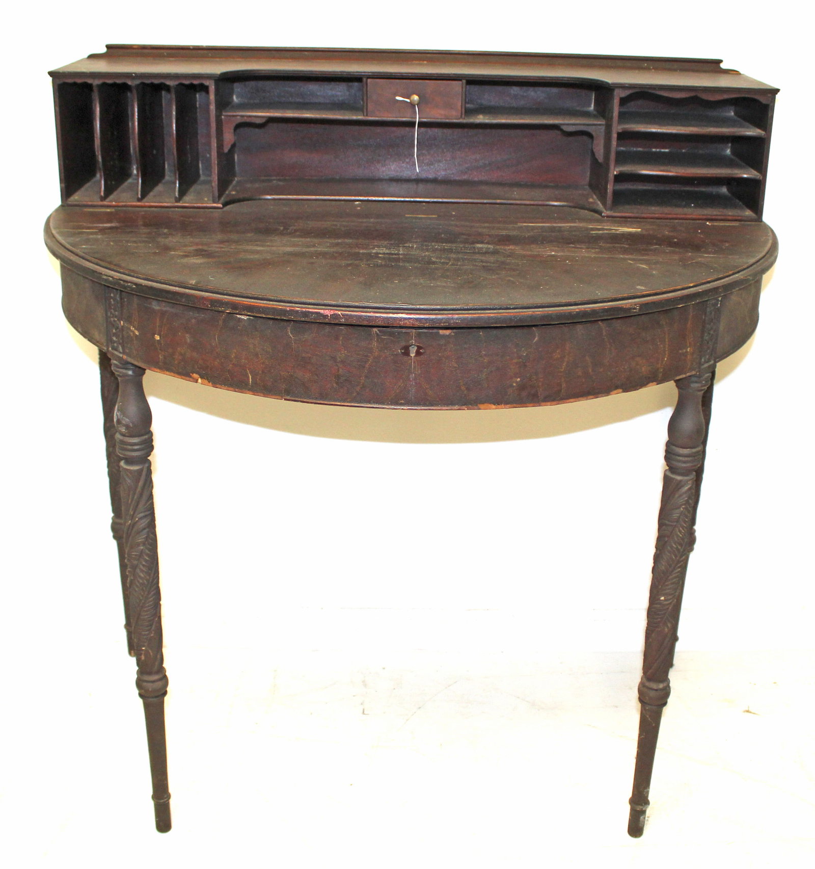 Antique Empire/Sheraton transitional mahog veneer desk w acanthus carved legs - 36" tall x 36" wide: Antique Empire/Sheraton transitional mahog veneer desk w acanthus carved legs - 36" tall x 36" wide x 24" deep
