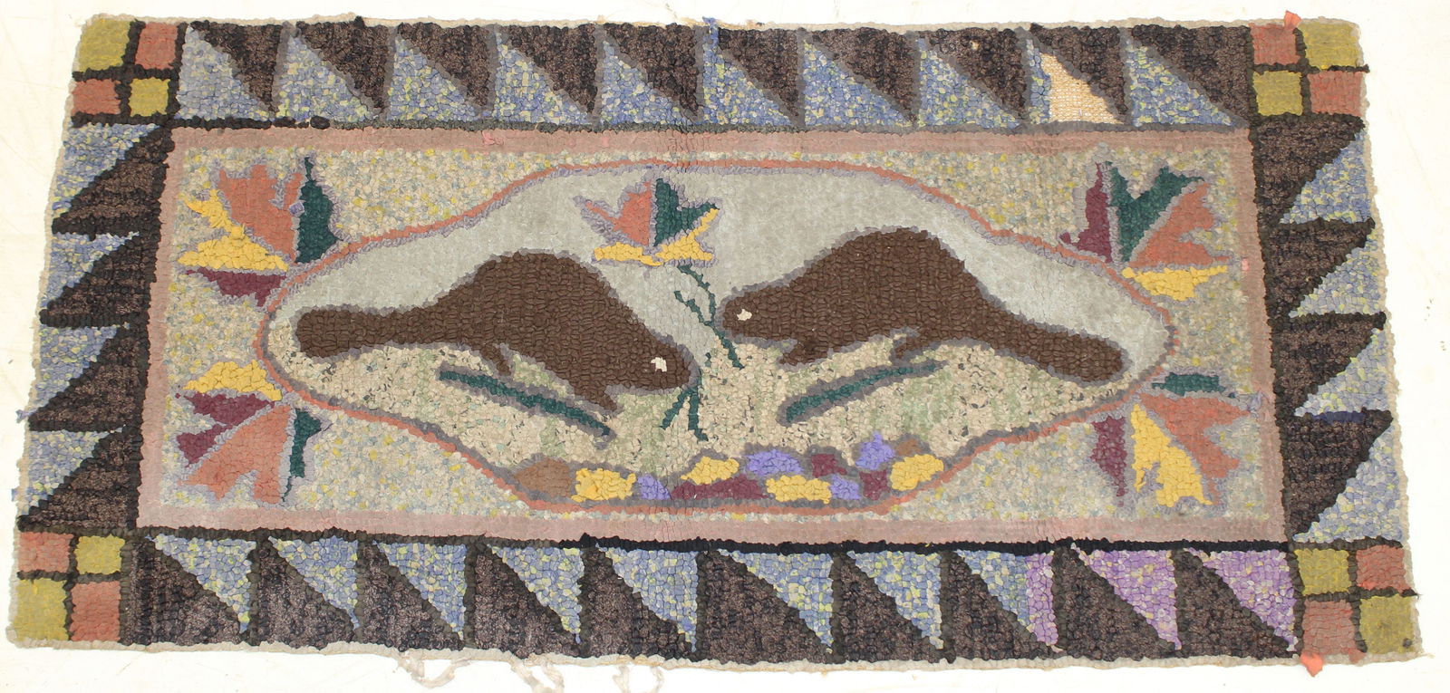 Antique hooked rug with beavers motif - 19"x40" (1 of 3)