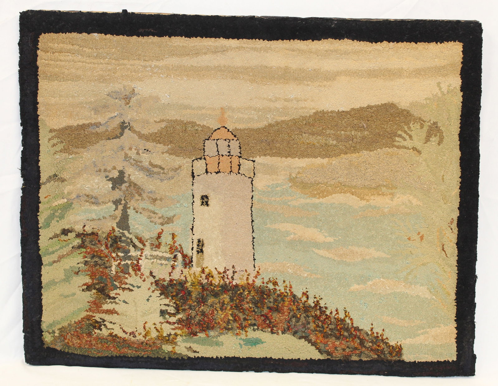 Antique mounted hooked rug w lighthouse motif - 23 1/2"x29 1/4": Antique mounted hooked rug w lighthouse motif - 23 1/2"x29 1/4"