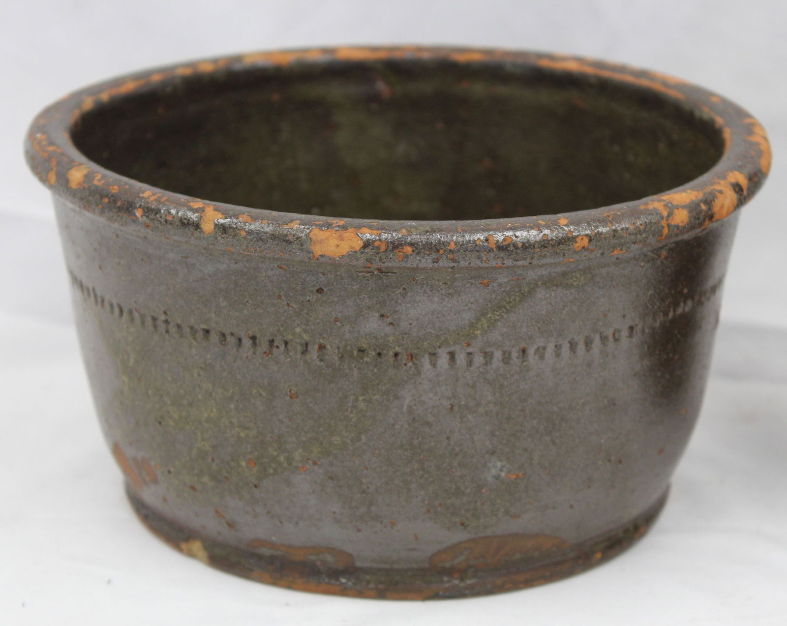 Antique redware cake crock w tooled dec - 4" tall x 8" diam (1 of 5)