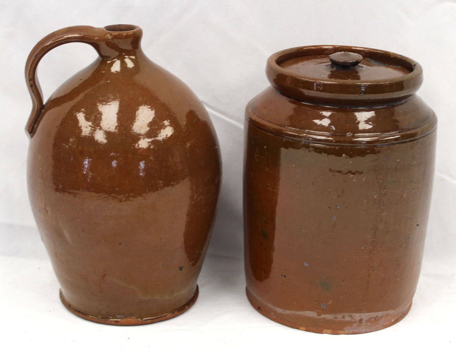 Lot of 2 antique redware items incl jar w lid & jug - 8 1/2" & 10" tall (1 of 11)