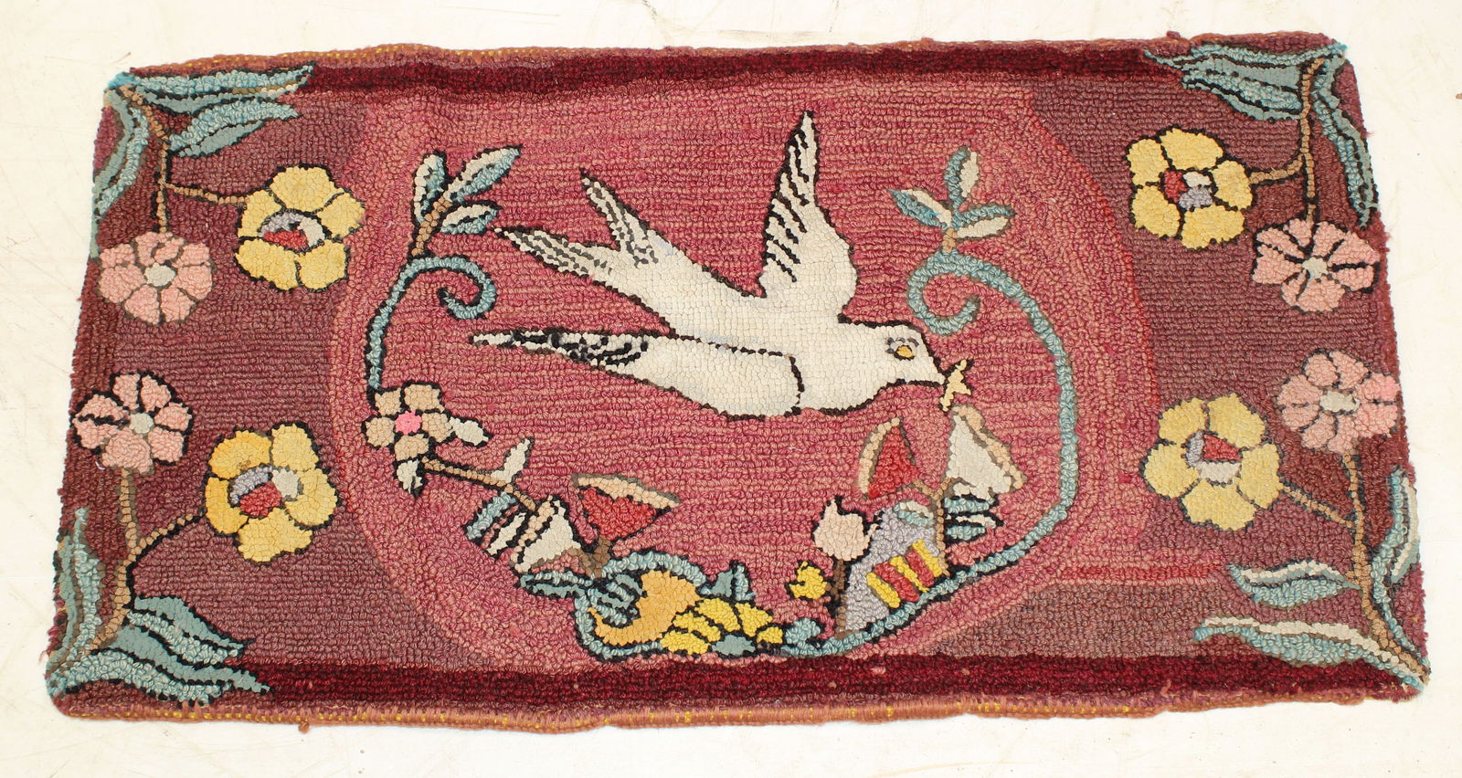 Antique hooked rug w flying dove & floral motif - 16"x34" (1 of 3)