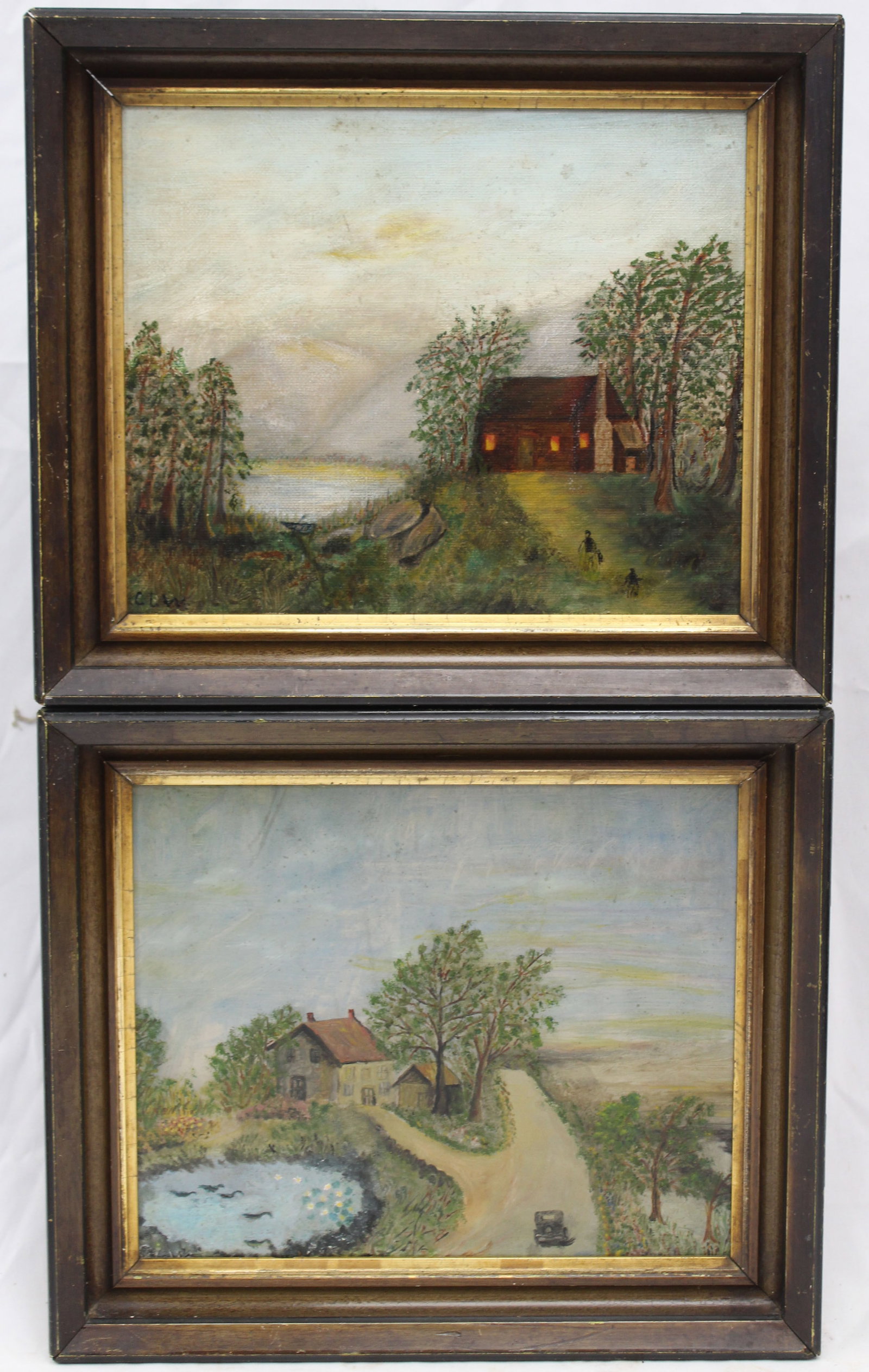 Lot of 2 antique o/bd paintings initialed CLW homestead scenes in matching frames - overall framed: Lot of 2 antique o/bd paintings initialed CLW homestead scenes in matching frames - overall framed size 11 1/2"x13 1/2"