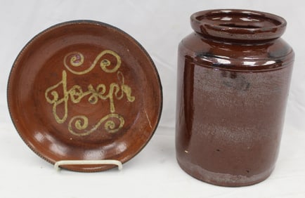 Lot of 2 antique style redware items incl plate w "Joseph" slip dec & covered jar
