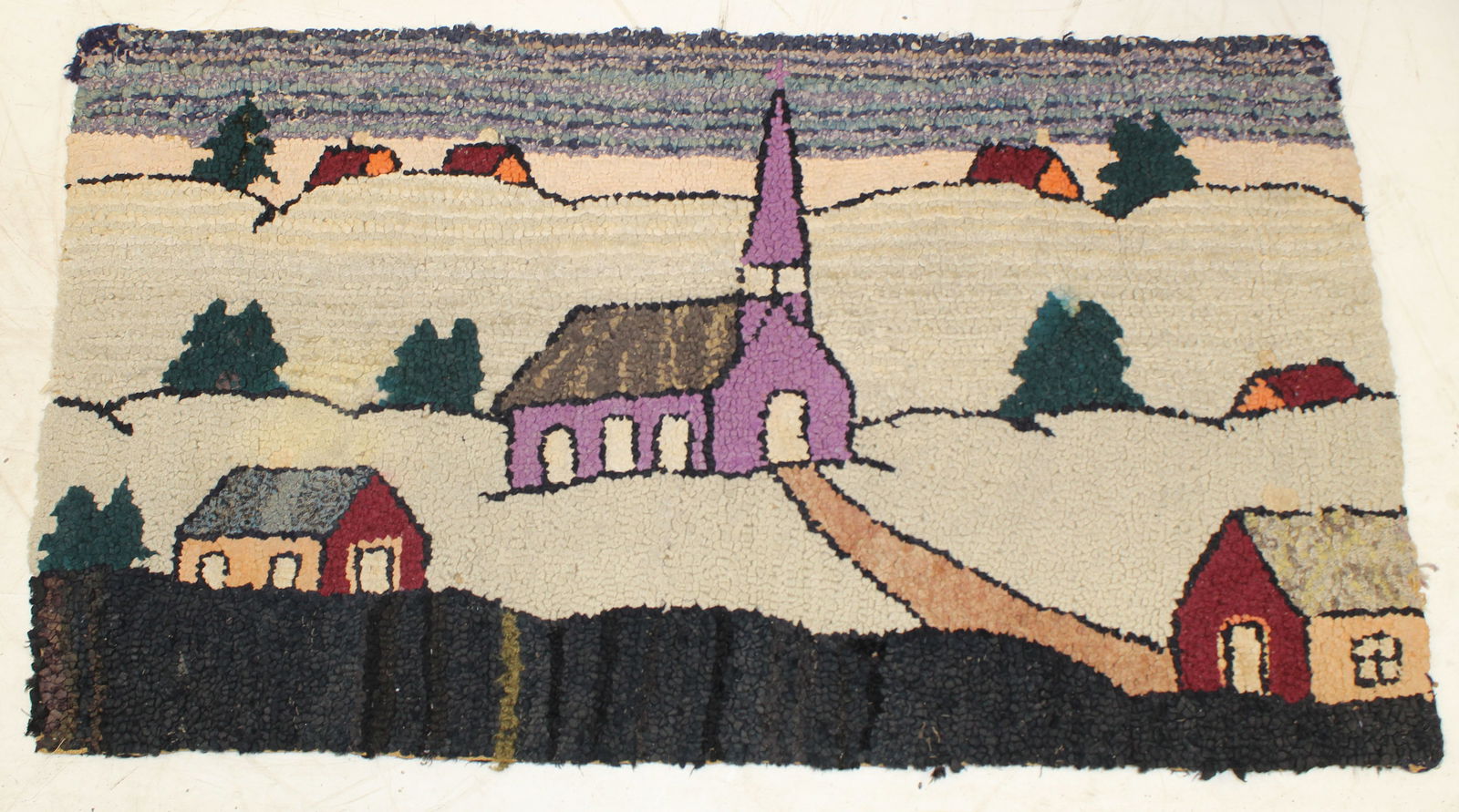 Antique hooked rug w church motif - 22"x39" (1 of 4)