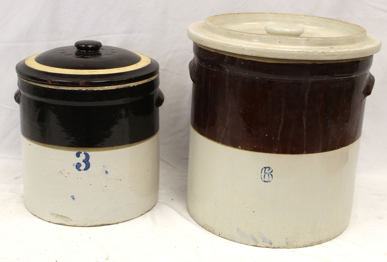 Lot of 2 brown & white stoneware crocks w lids - 3 gal & 6 gal - 10" & 13" tall (1 of 7)