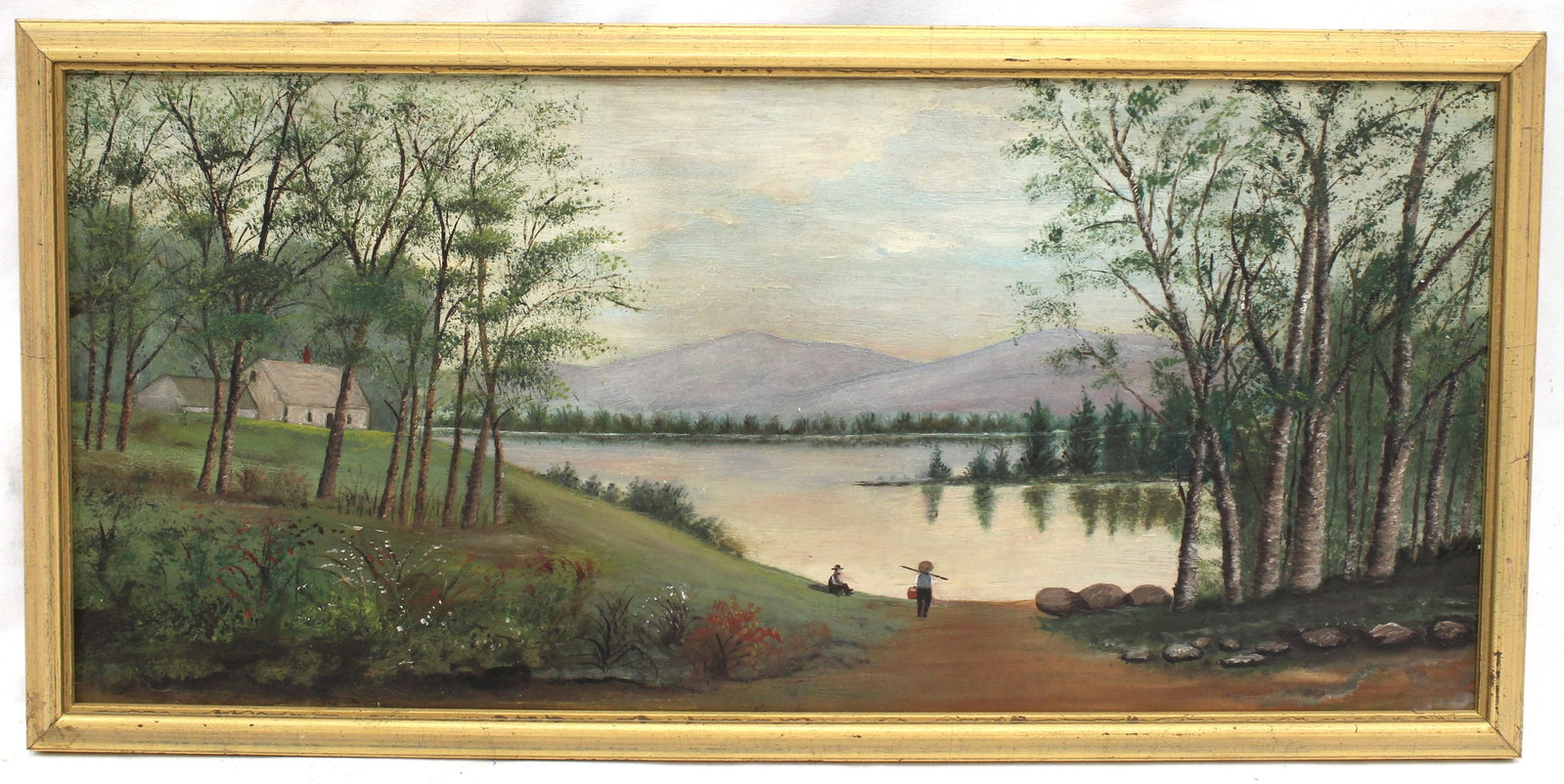 Antique panoramic o/bd lake scene - 9 1/4"x19 1/4": Antique panoramic o/bd lake scene - 9 1/4"x19 1/4"